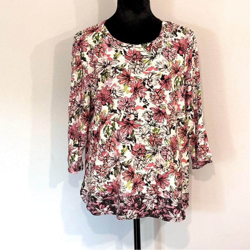 J. Jill | Women’s Pink Daisy Floral 3/4 Sleeve Tunic Shirt Blouse Top Size L